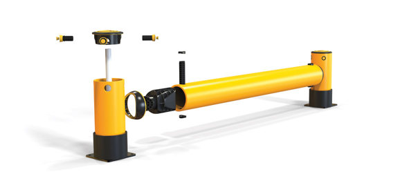 iFlex Rackend single flexible polymer safety Guardrail Yellow Post exploded view