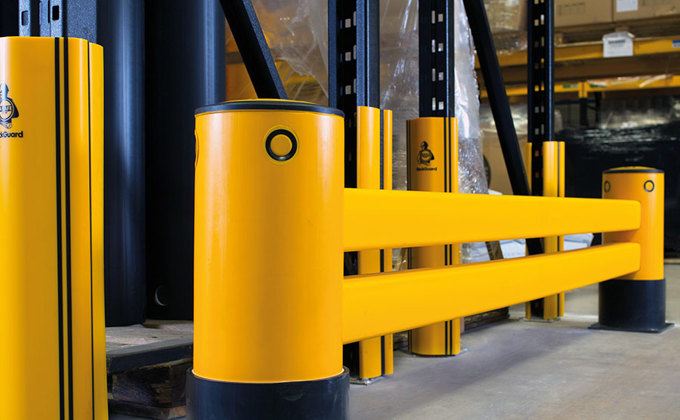 Double Rail RackEnd flexible polymer safety Guardrail in warehouse