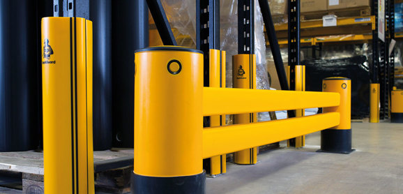 Double Rail RackEnd flexible polymer safety Guardrail in warehouse