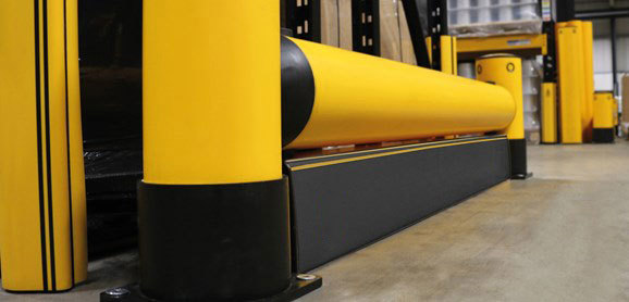 RackEnd single flexible polymer safety Guardrail with iFlex Fork Guard in warehouse