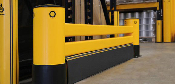 Double Rail RackEnd safety Guardrail with Fork Guard in warehouse