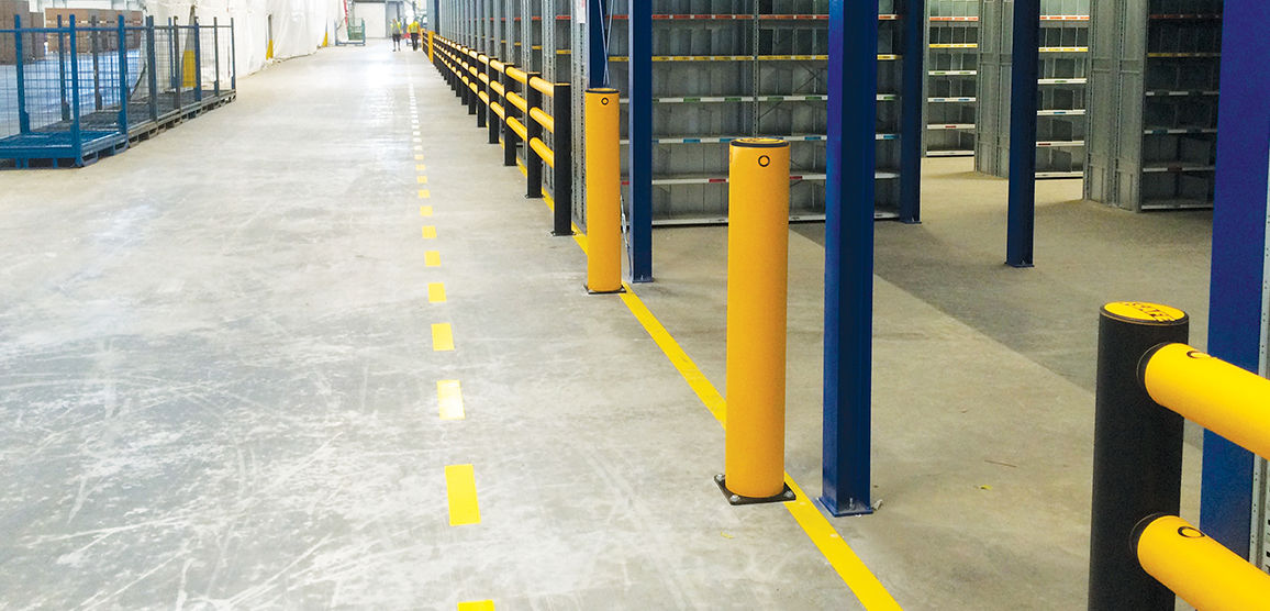 Polymer impact protection safety bollard in warehouse