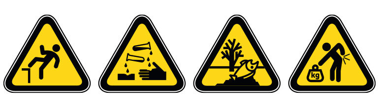 A range of warning signs displaying the types of workplace hazards